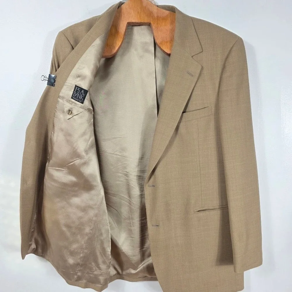 VTG Jos. A. Bank Mens Tan Two Button Crest Gold Button Blazer Sport Coat 46LFlaw